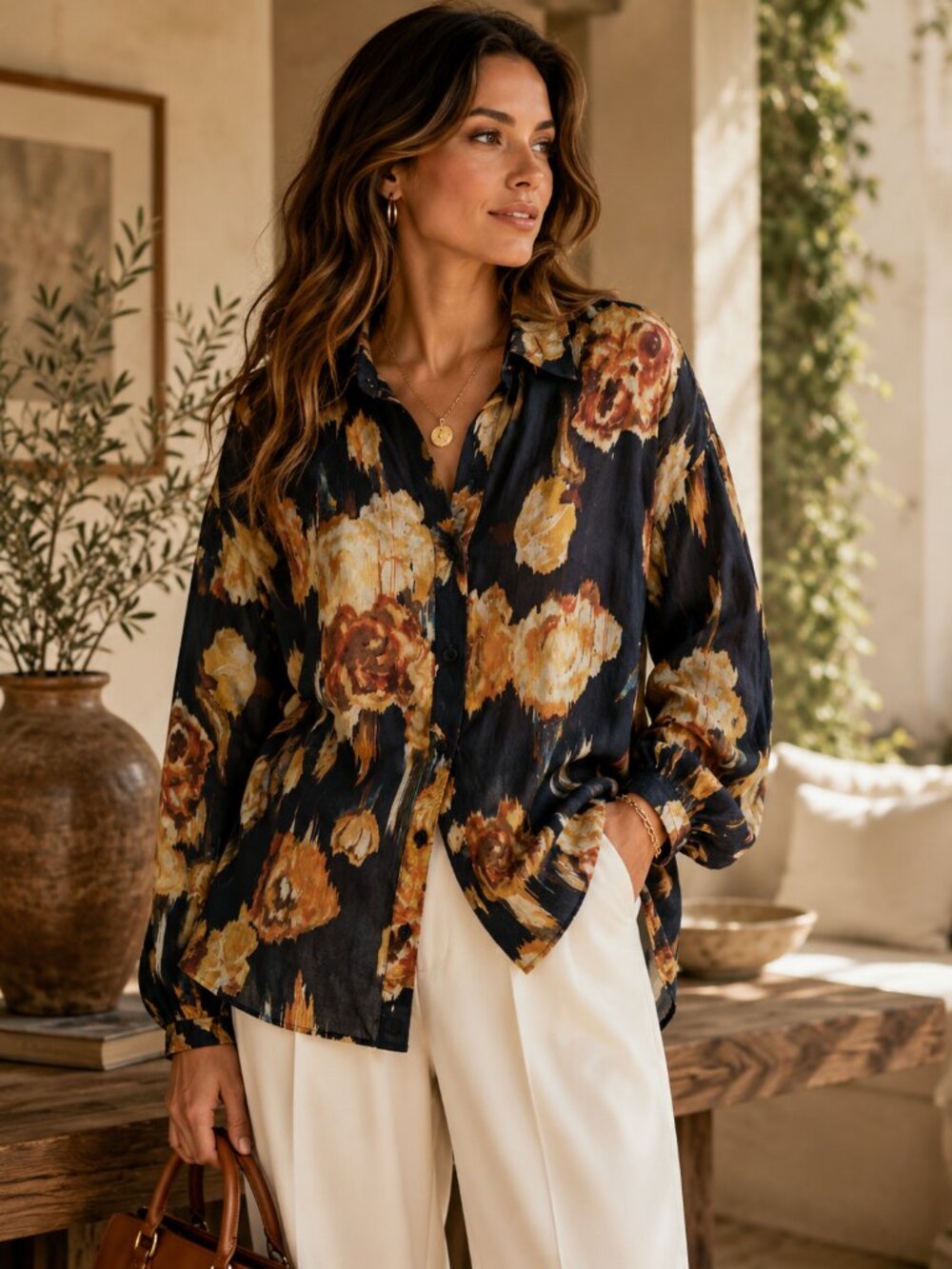 BEULAHSTYLE Suri Abstract Floral Linen Cotton Oversized Shirt Navy Multi S